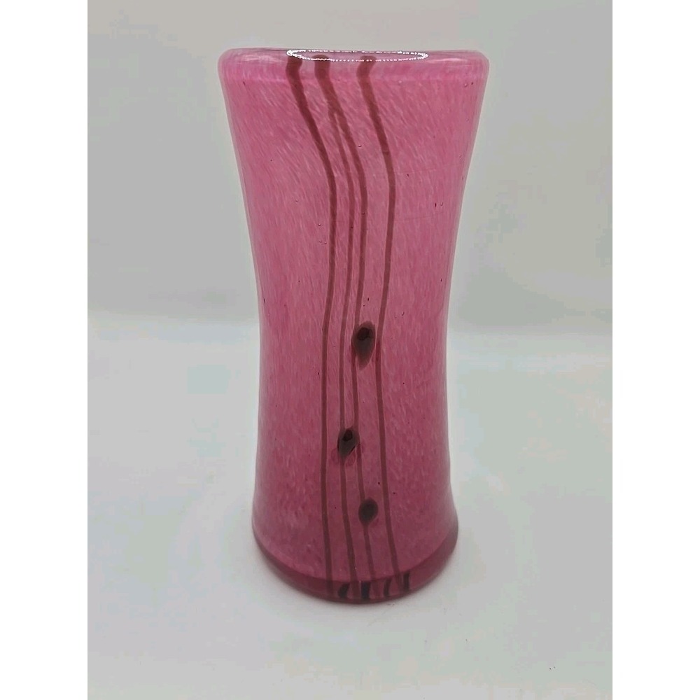 Hand Blown Art Glass Mottled Pink Vase w/ Textured Lines & Dots Applied